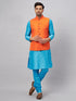 Vastramay Men's Orange Matka Silk Nehru Jacket With Aqua Blue Silk Blend Kurta and Pyjama Set